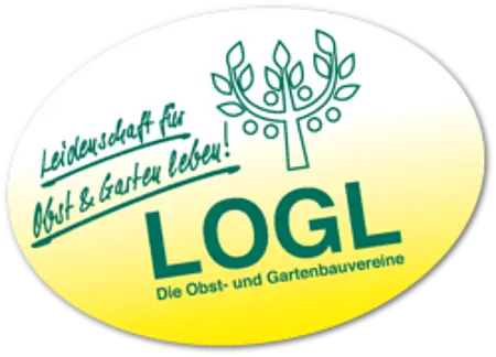 LOGL Logo – Leidenschaft für Obst & Garten leben! Die Obst- und Gartenbauvereine. Grüner Baum mit Wurzeln in einem gelb-grünen Oval auf weißem Hintergrund.