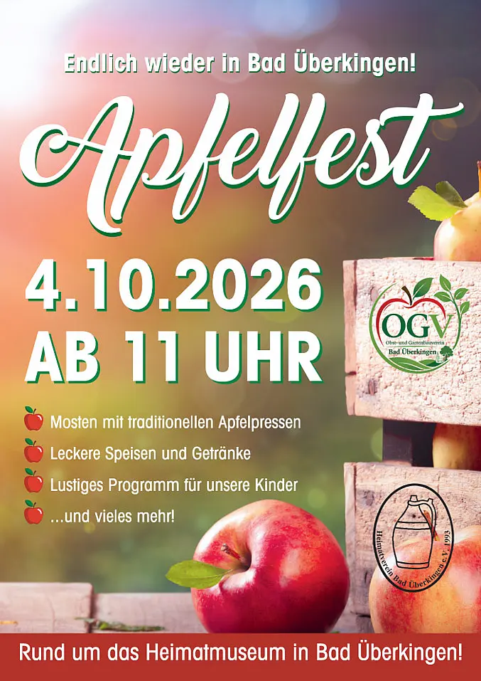 Apfelfest Bad Überkingen – 4. Oktober 2026 Flyer für das Apfelfest in Bad Überkingen am 4.10.2026 ab 11 Uhr mit Äpfeln, traditionellen Apfelpressen und Logo des Obst- und Gartenbauvereins (OGV) und Heimatvereins Bad Überkingen.