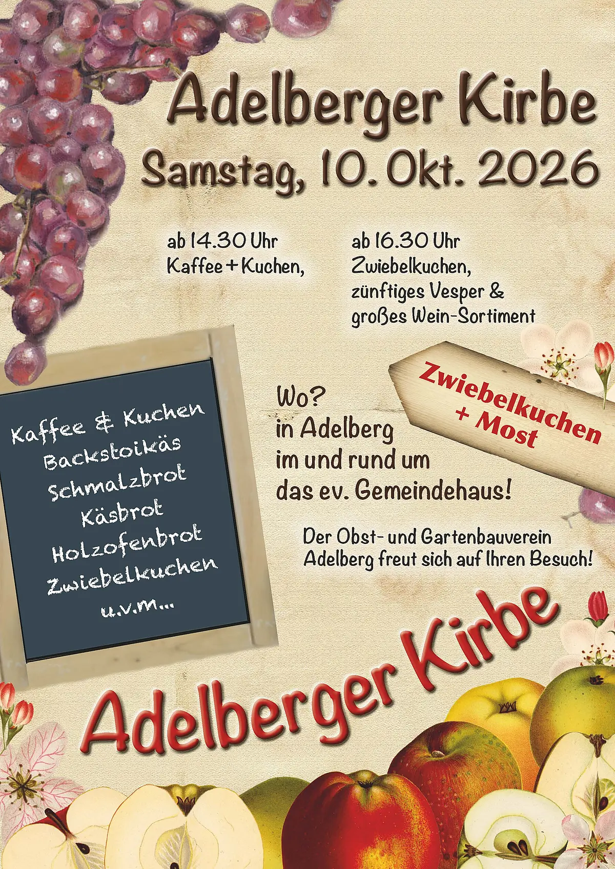 Plakat für die Adelberger Kirbe am 10. Oktober 2026 mit Trauben, Äpfeln und Informationen zu Kaffee, Kuchen, Zwiebelkuchen und Wein-Sortiment.